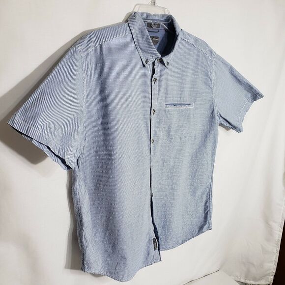 Eddie Bauer Mens Shirt Large Button Classic Fit Striped Blue Pocket Short Sleeve - Picture 4 of 9